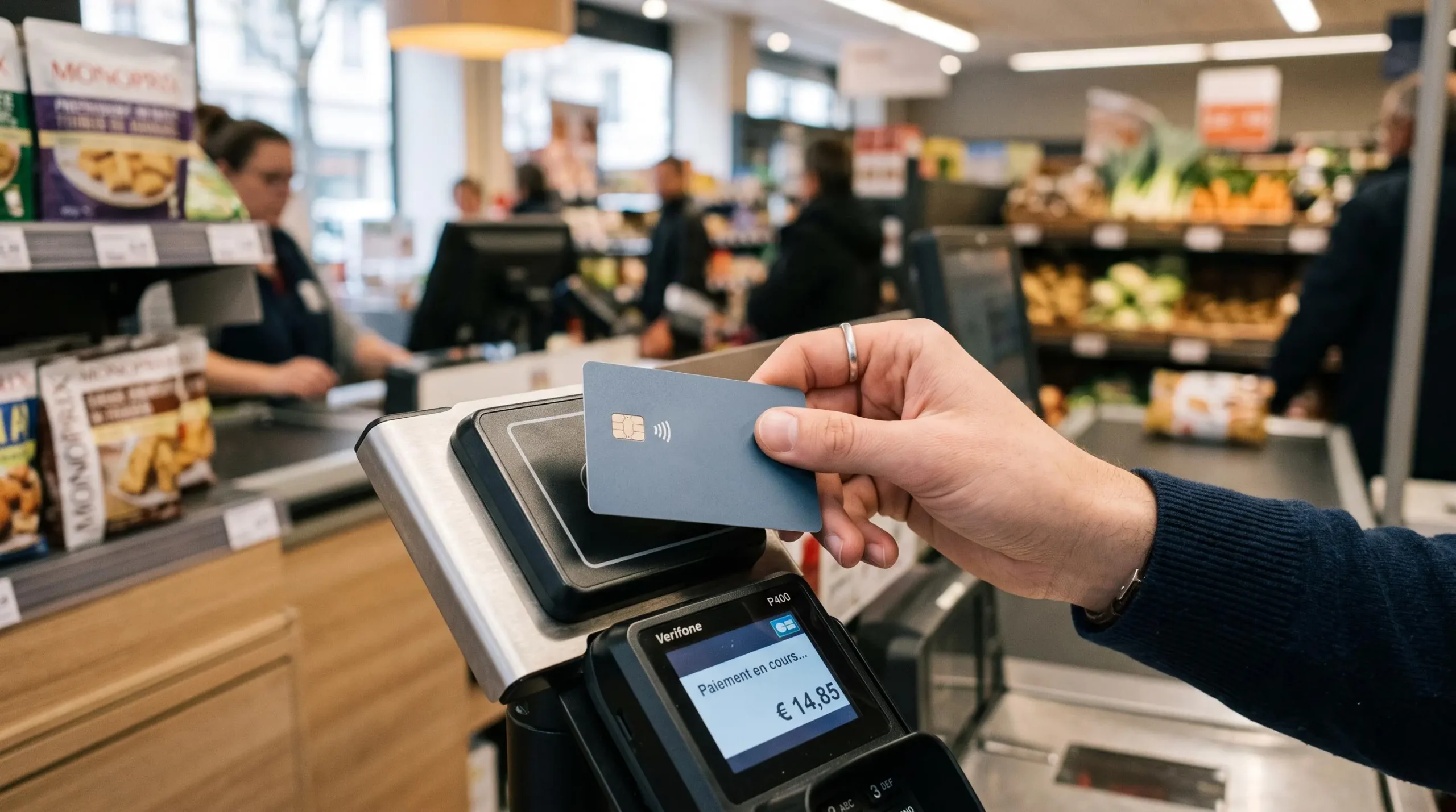 Gros plan sur une main tenant une carte bancaire effectuant un paiement sans contact sur un terminal de paiement moderne