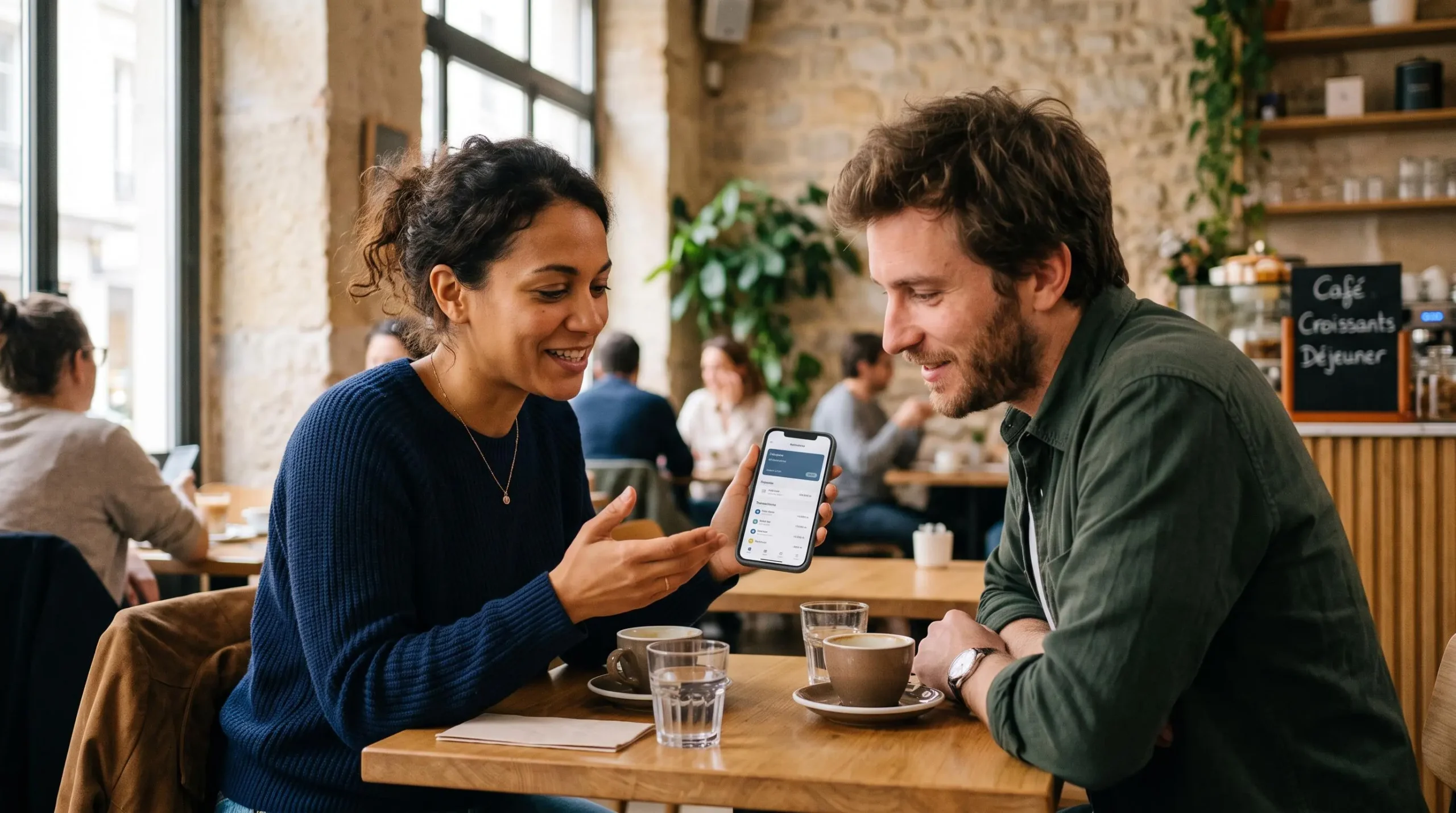 Deux personnes assises à une table de café, l'une montrant l'écran de son smartphone à l'autre dans un moment de partage et d'explication