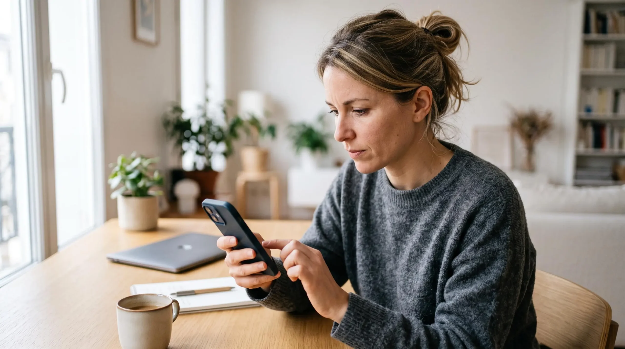 Une femme assise à un bureau consulte attentivement son application bancaire sur smartphone dans un environnement domestique lumineux